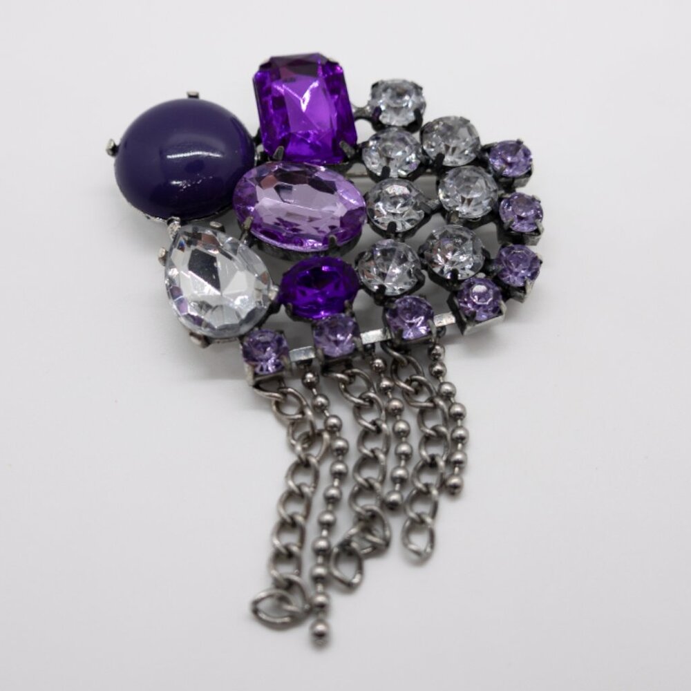 Vintage Purple & Silver Large Metal Brooch Pin w/Chains, Rhinestones & Faux Gems